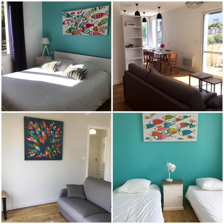 four different pictures of a bedroom and a living room at Résidence Ti An Amiral in Bénodet