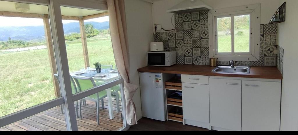 a kitchen with a counter and a table with a microwave at Bungalow au pied du Luberon in Saint-Martin-de-la-Brasque