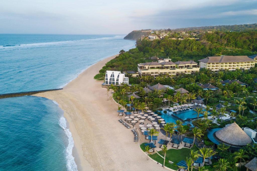 an aerial view of the resort and the beach at The Ritz-Carlton Bali in Nusa Dua