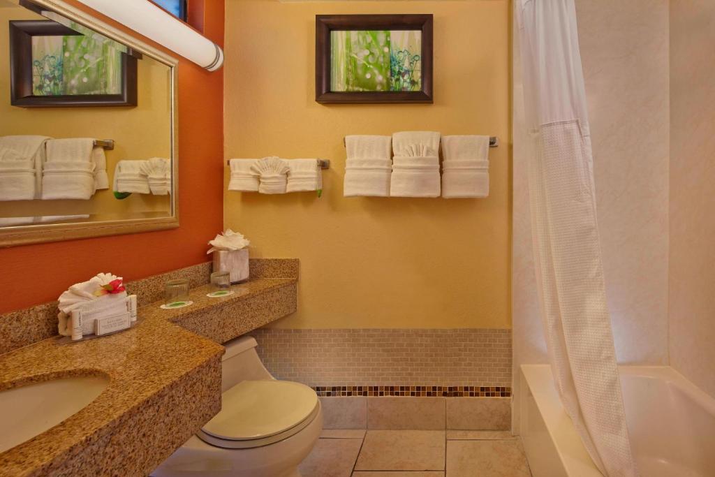 um banheiro com vaso sanitário, pia e chuveiro em Courtyard by Marriott Key West Waterfront em Key West