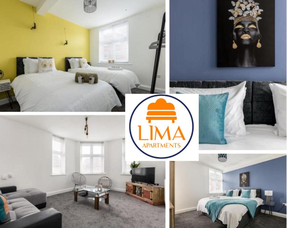 eine Collage mit vier Bildern eines Hotelzimmers in der Unterkunft Lima Apartments Ltd-4 Beds-Large property -Long Stay Deal-Business-Parking in Bournemouth