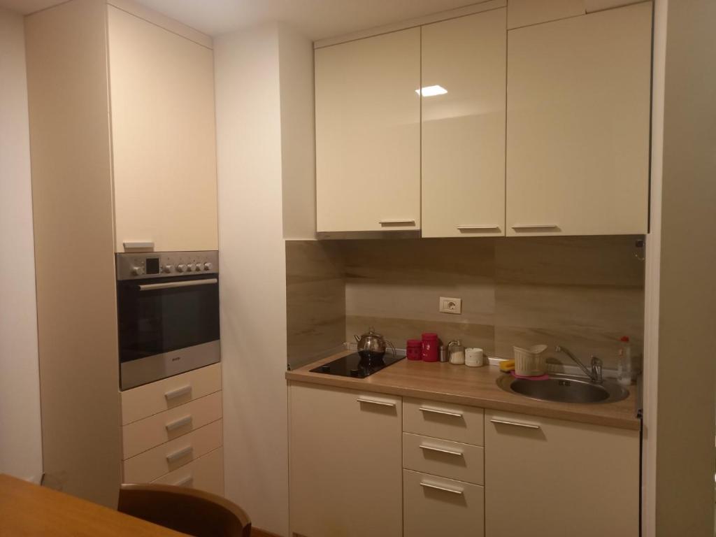 a kitchen with white cabinets and a sink at Vila Borova Zlatibor Apartman 501 in Zlatibor