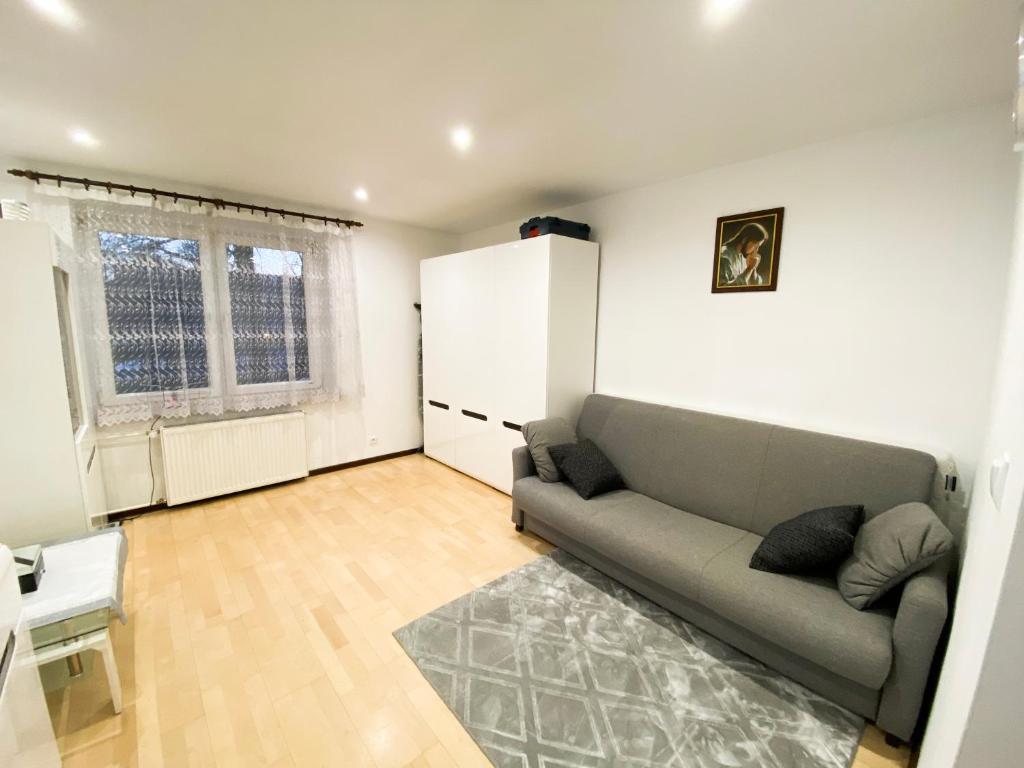 a living room with a couch and a kitchen at Apartament Osiedle Ogrodowe in Kraków