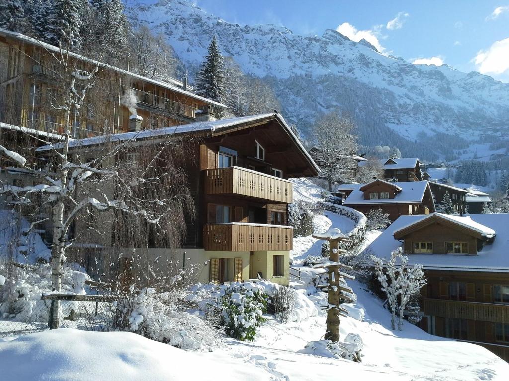 a building in the snow with snow covered trees at Chalet Gerbera in Wengen