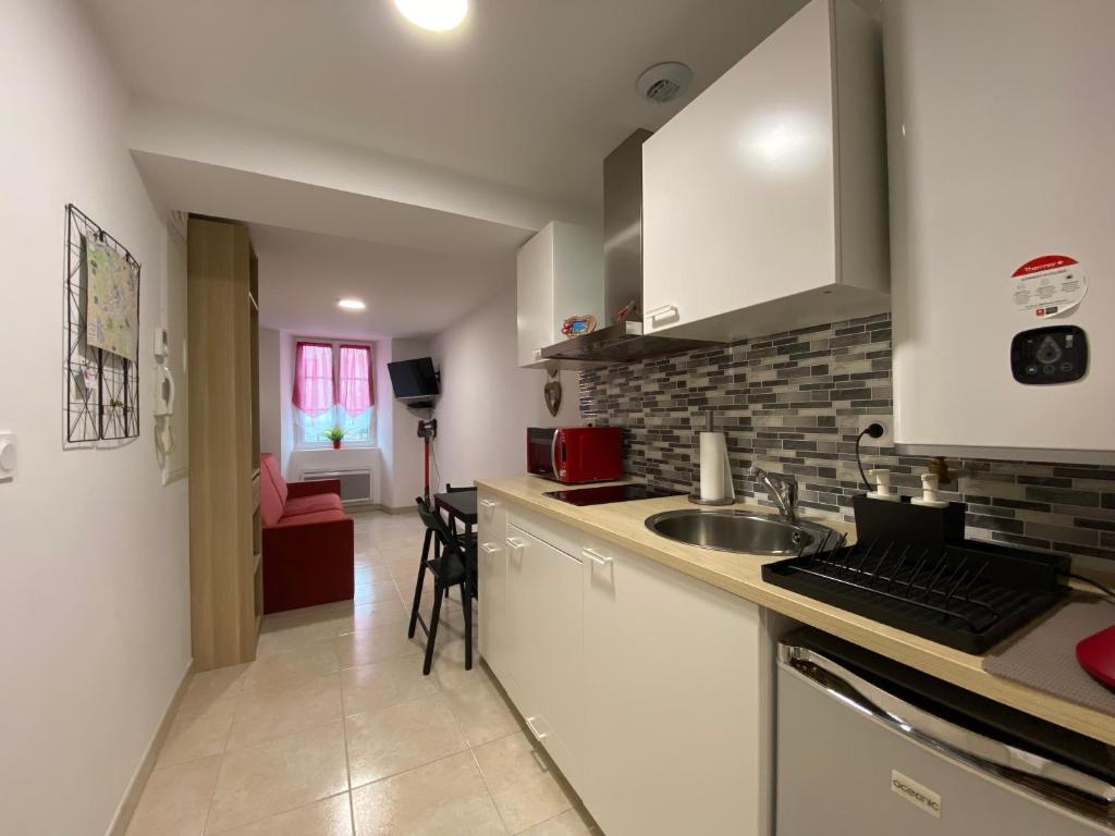 a kitchen with a sink and a counter top at Studio Centre Ville in Cambo-les-Bains