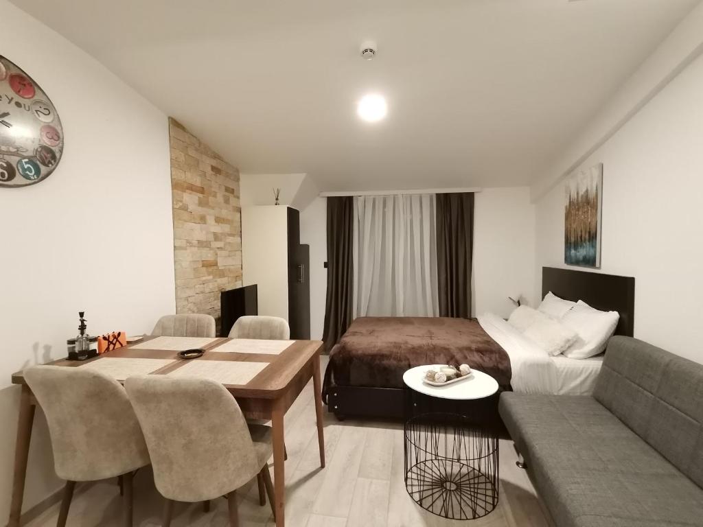 um quarto de hotel com uma cama, uma mesa e um sofá em Golden view apartment - Milmari p82 FREE SPA APRIL, MAY AND JUNE!!!! em Kopaonik