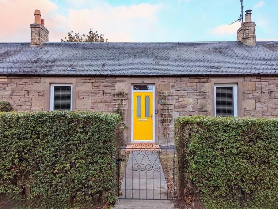 a yellow door on a stone house with bushes at Parkview Cottage - Lovely home overlooking park in Carnoustie
