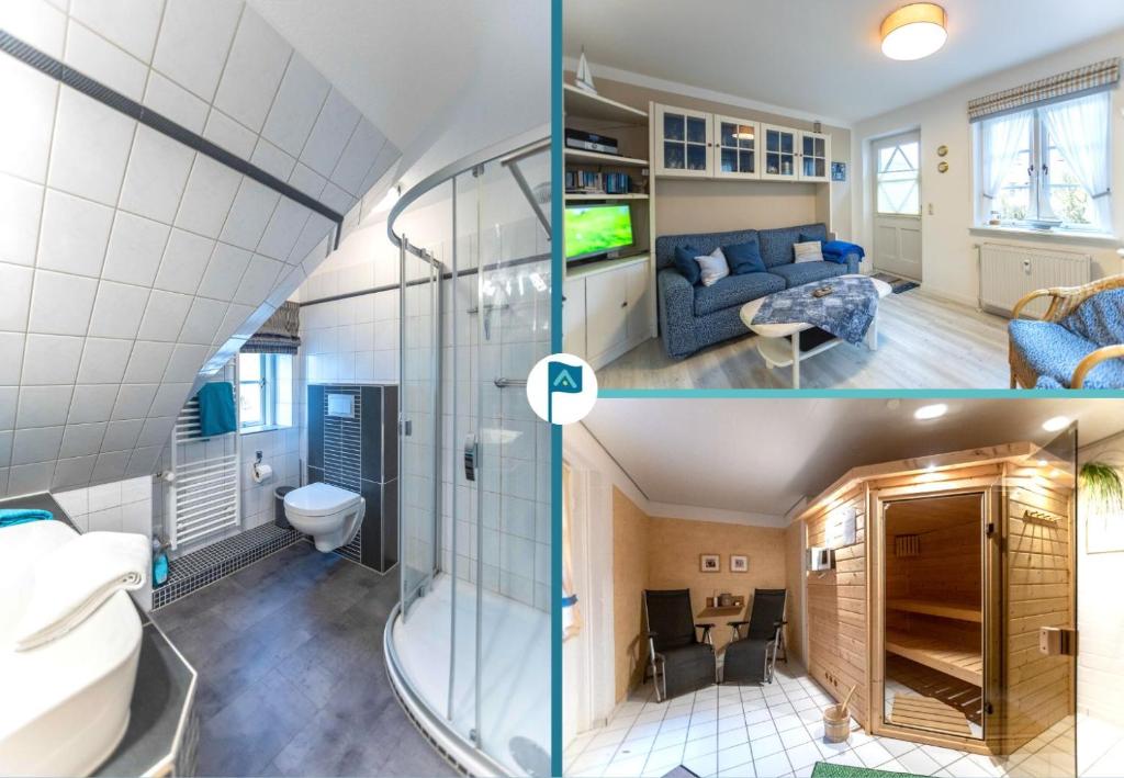 two pictures of a bathroom and a living room at Dat Südstrandhuus- Ferienwohnung Silke in Wyk auf Föhr