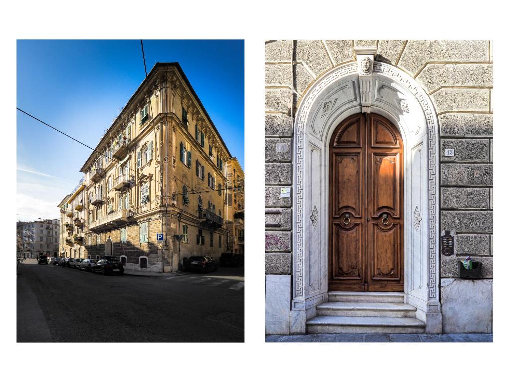 un edificio con porta in legno accanto a una strada di Tecla House a La Spezia