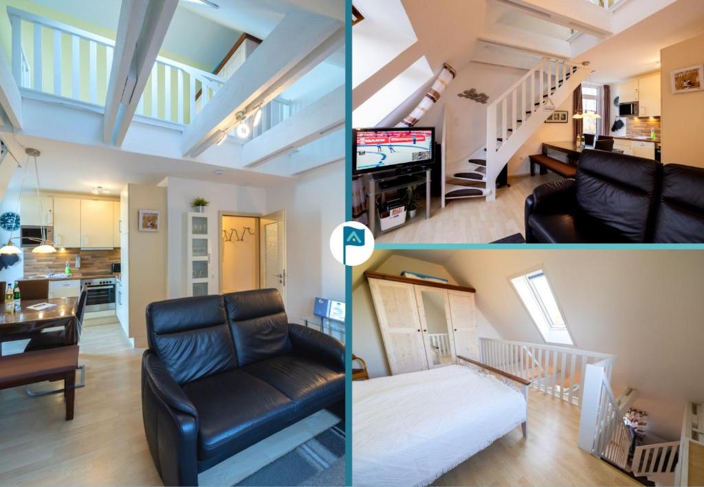 2 Bilder von einem Wohnzimmer, einer Küche und einem Wohnzimmer in der Unterkunft Ferienwohnung Südstrand in Wyk auf Föhr