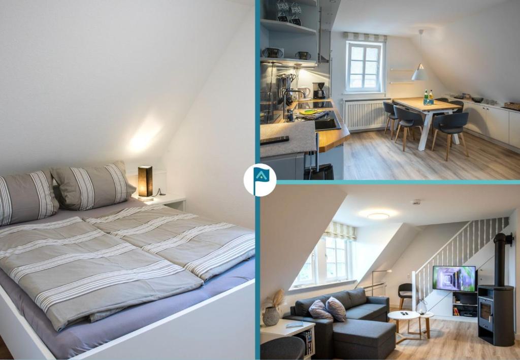 two pictures of a bedroom and a living room at Ferienwohnung Wrixumer Marsch in Wrixum