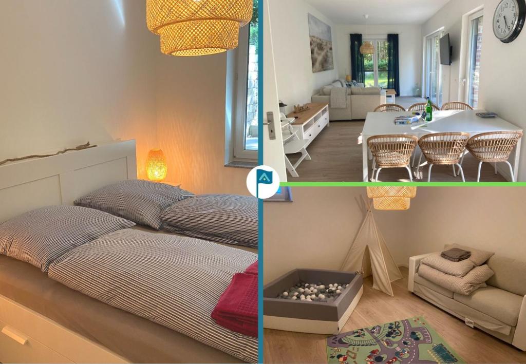 2 Bilder von einem Schlafzimmer und einem Wohnzimmer in der Unterkunft Wohnen am Südstrand - Ferienwohnung 0 7 in Wyk auf Föhr