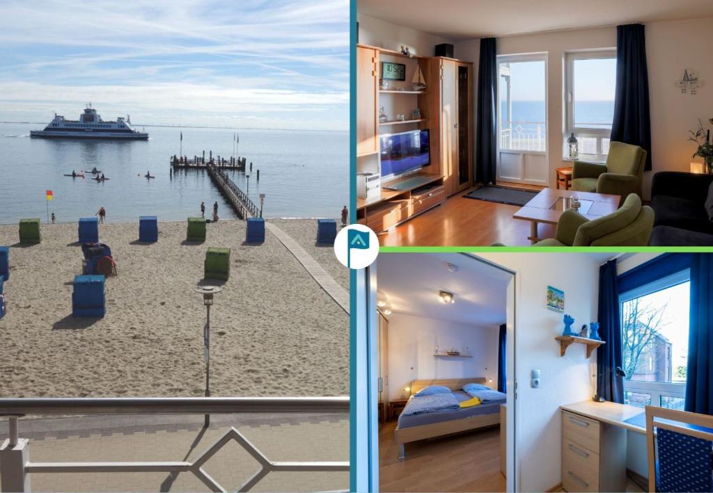 een collage van twee foto's van een huis met een strand bij Nordland Appartements - Wohnung Amrum in Wyk auf Föhr