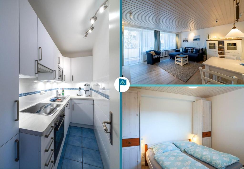 2 Bilder von einer Küche und einem Wohnzimmer in der Unterkunft Ferienwohnung Seeschwalbe in Wyk auf Föhr