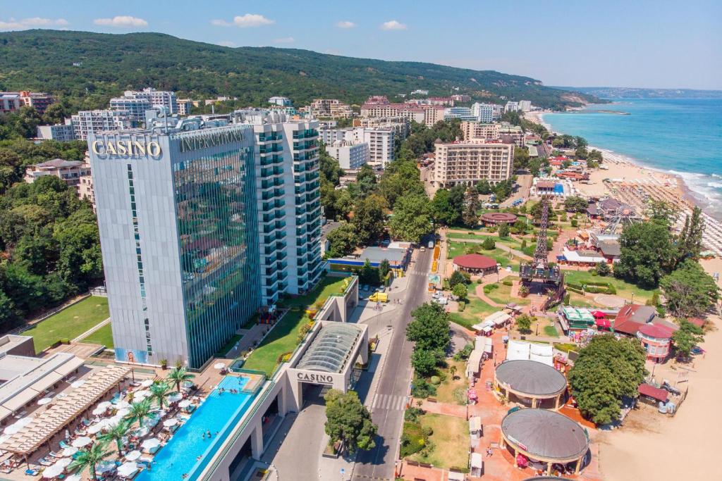 an aerial view of a city and the beach at International Hotel Casino & Tower Suites in Golden Sands