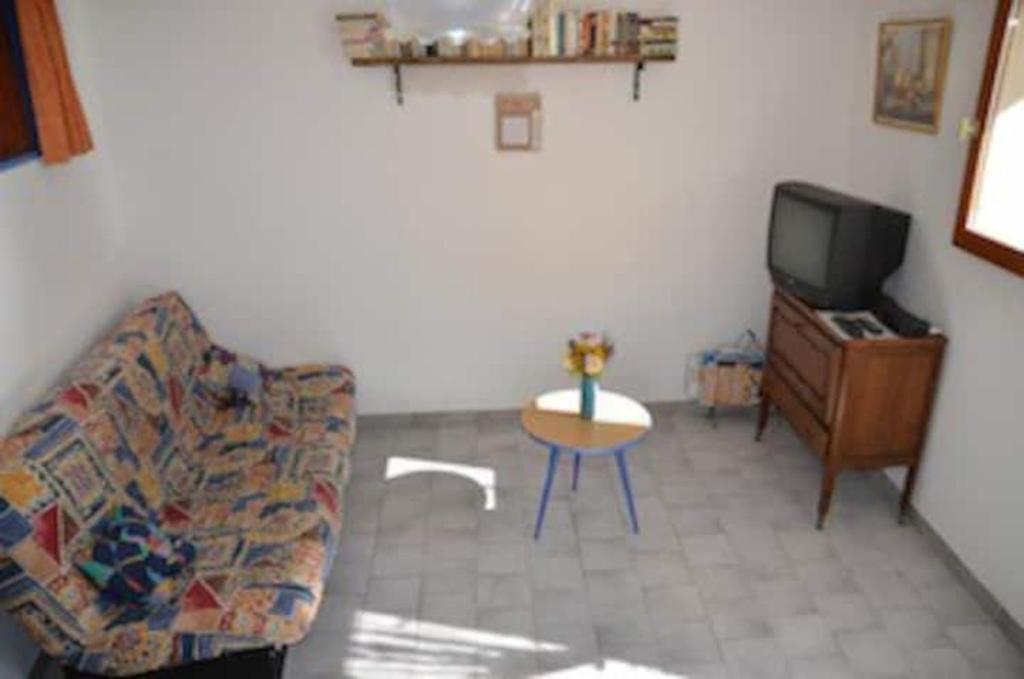 a living room with a couch and a tv at Bastide la Fondue in Allemagne-en-Provence