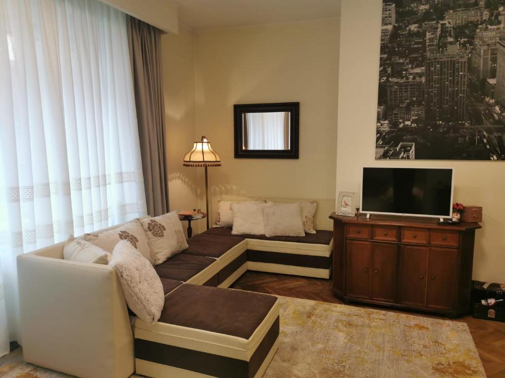 uma sala de estar com um sofá e uma televisão em Angels' Whisper - Studio City Center em Brasov