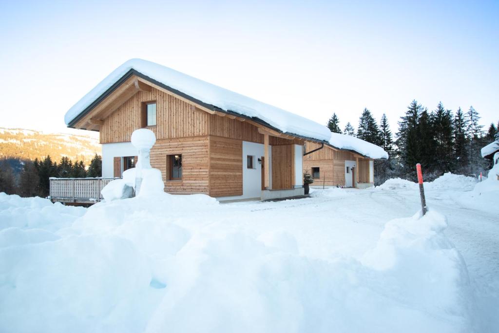 una casa cubierta de nieve con un montón de nieve en Chalets und Apartments Hauserhof Nassfeld en Schlanitzen