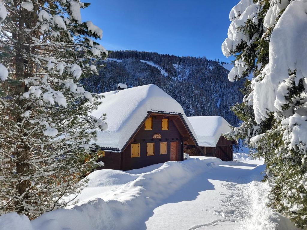 een blokhut in de sneeuw met sneeuw bedekte bomen bij Almhaus Gensbach in Innerkrems