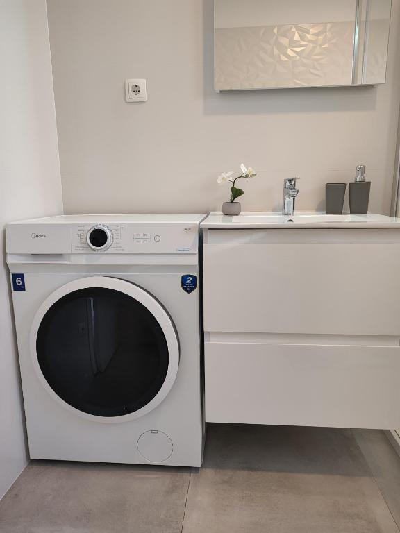 a washing machine and a sink in a room at Apartment Aria in Poreč