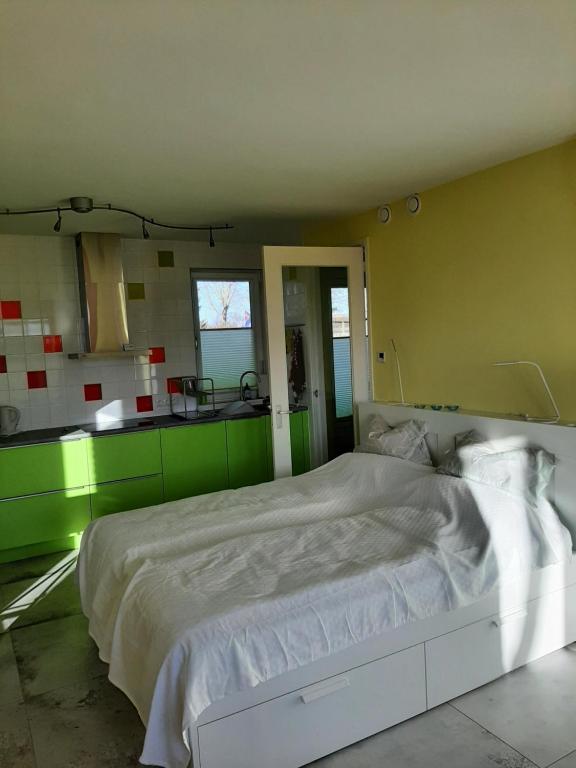 een slaapkamer met een groot bed en groene kasten bij BIESBOSCHBEST in Werkendam