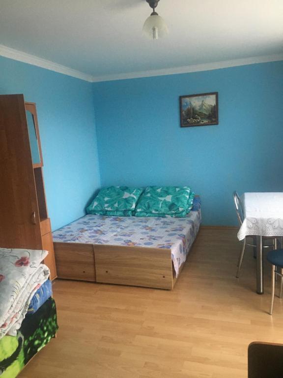 ソリナにあるKwatery Prywatne u Gosi nad Solinąの青い壁のベッドルーム1室