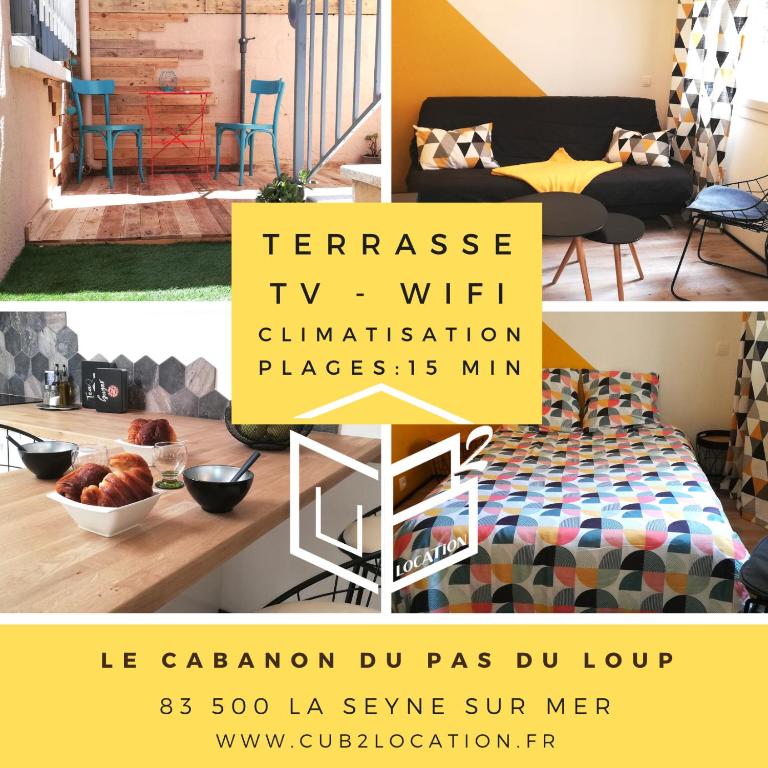 un collage d'images d'une chambre avec un lit dans l'établissement Le Cabanon du Pas du Loup - Studio climatisé RDC - proche mer, à La Seyne-sur-Mer