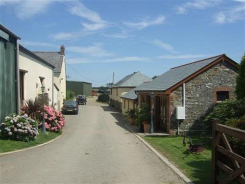 uma rua de aldeia com casas e um carro na estrada em Frankaborough Farm Holiday Cottages em Virginstow
