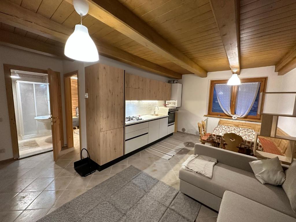 uma sala de estar com um sofá e uma cozinha em Tabia Suite Pelmo em Villagrande