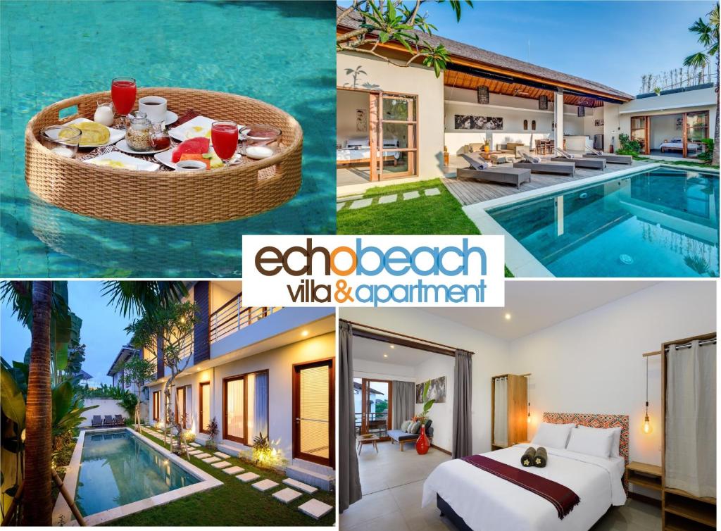 uma colagem de fotografias com uma villa e uma piscina em Echo Beach Villa and Apartment em Canggu