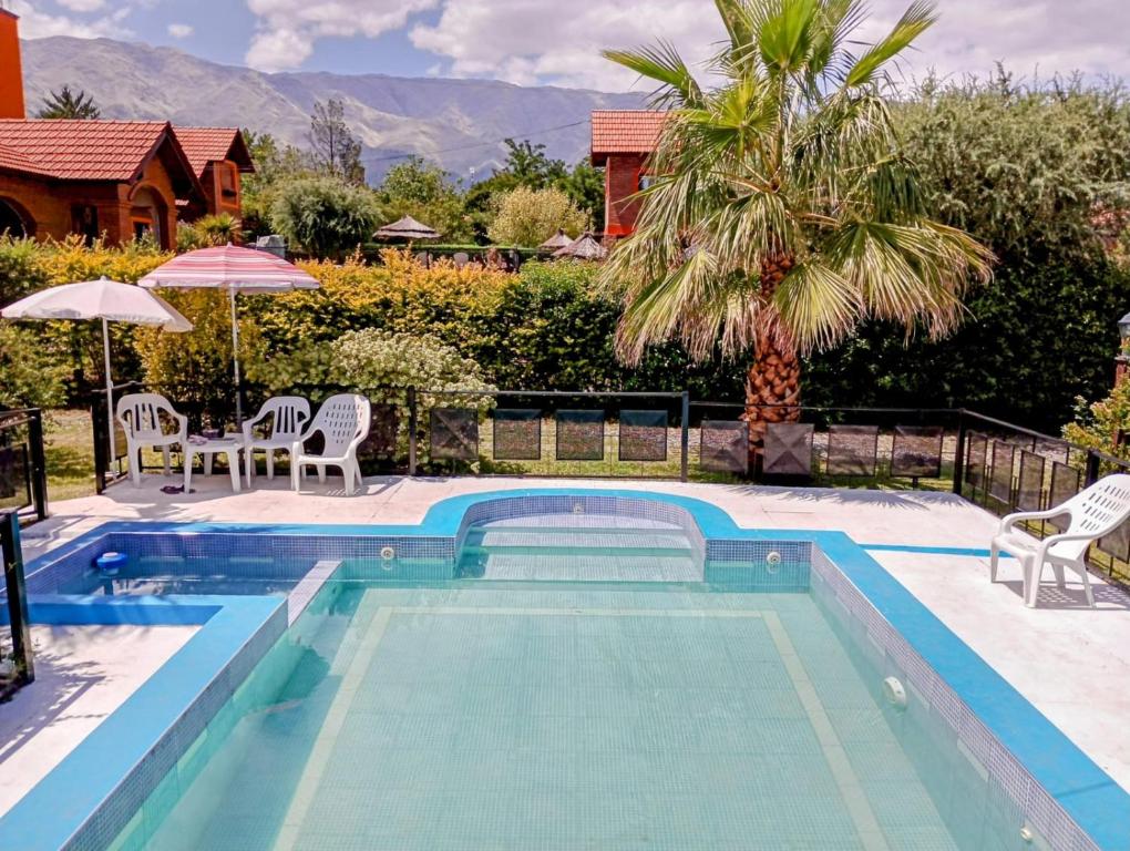 una piscina con sillas, una palmera y una casa en Casa MERLITO - PISCINA DE USO EXCLUSIVO - HERMOSAS VISTAS A LAS SIERRAS -VILLA DE MERLO - SAN LUIS en Merlo