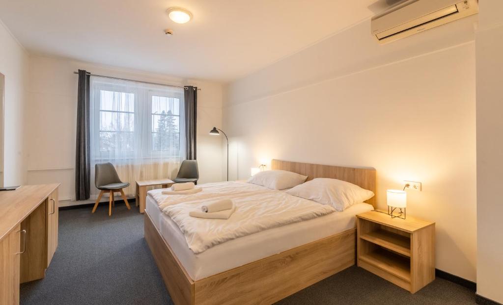 um quarto com uma cama, uma secretária e uma janela em Thermal Hotel Mosonmagyarovar em Mosonmagyaróvár