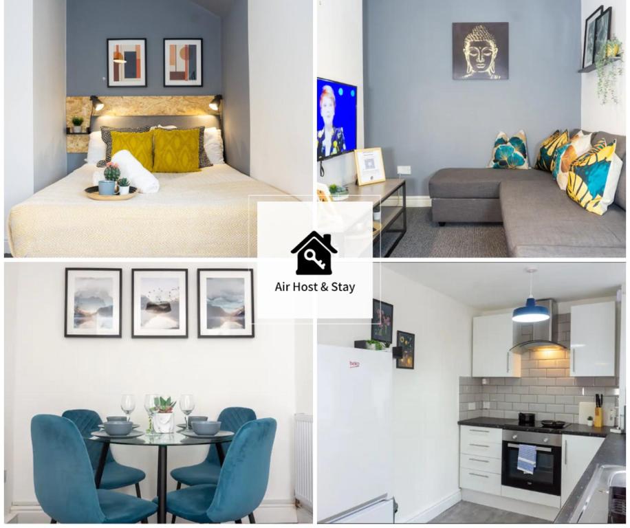 Un collage de fotos de un dormitorio y una sala de estar. en Heyes House - Air Host &amp; Stay - Free parking - Contractor Friendly, en Liverpool