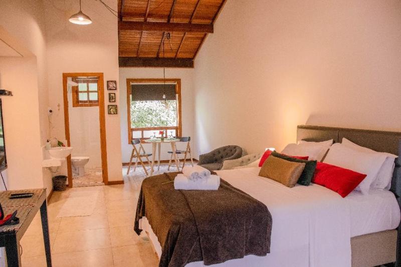 a bedroom with a large bed and a bathroom at Villa Rica Pousada Boutique in Brumadinho
