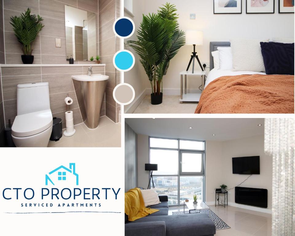 a collage of photos of a bedroom and a bathroom at The Skyline - LONG STAY OFFER - Luxury Flat w/Designated Parking in Cardiff