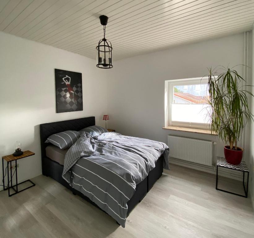 Haus Lisa في نيوشتاد في هولشتاين: غرفة نوم مع سرير وزرع الفخار