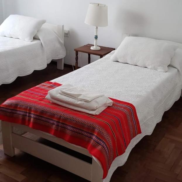 2 camas en una habitación con una manta roja en una cama en Excelente departamento en el centro de la ciudad de la plata (zona universitaria) en La Plata