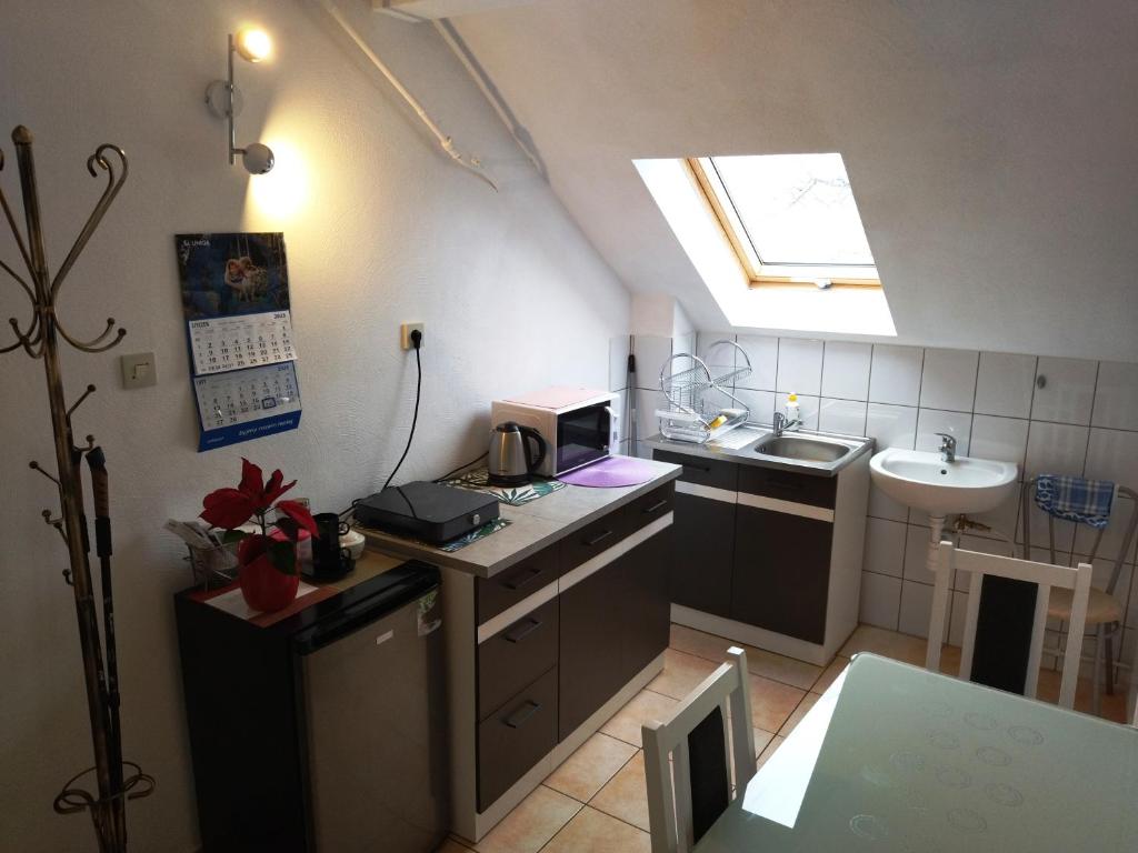 a small kitchen with a sink and a microwave at Pokój w Karpaczu in Karpacz