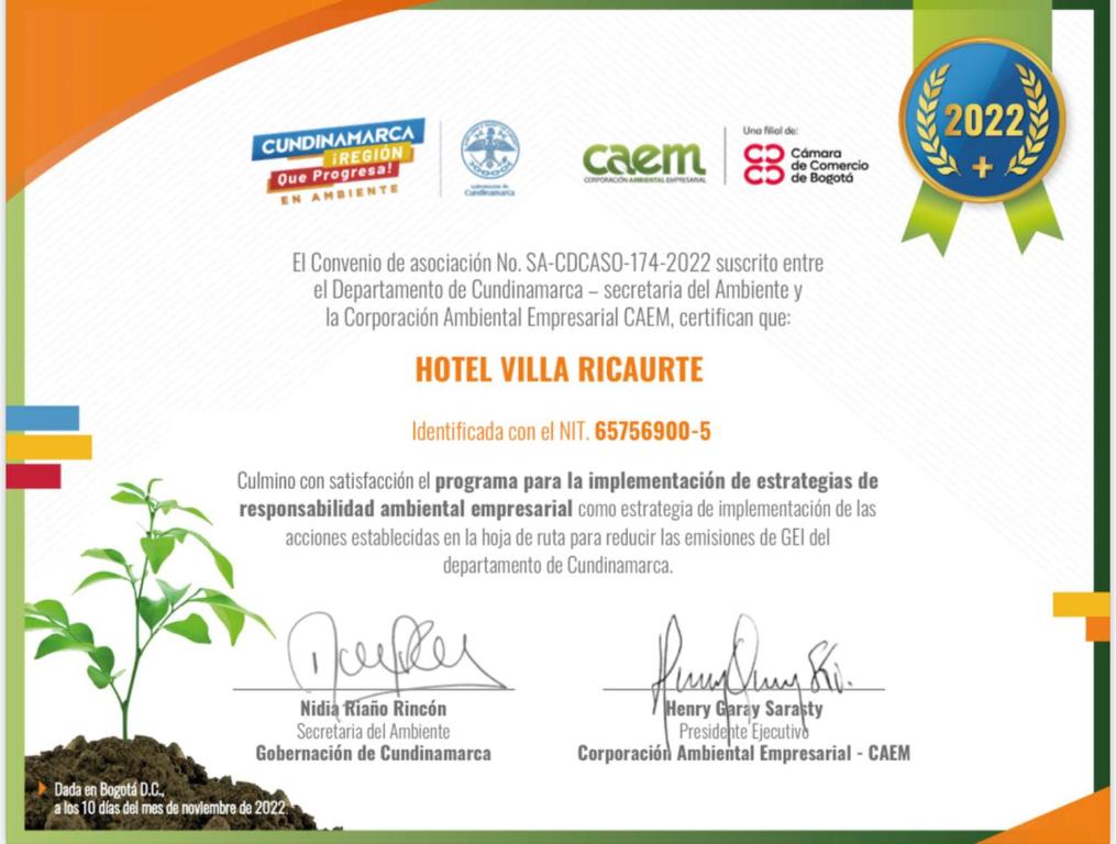 Certifikát, hodnocení, plakát nebo jiný dokument vystavený v ubytování Hotel Villa Ricaurte