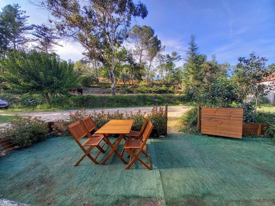 uma mesa de madeira e duas cadeiras num relvado em Rez de villa à la campagne em Le Luc