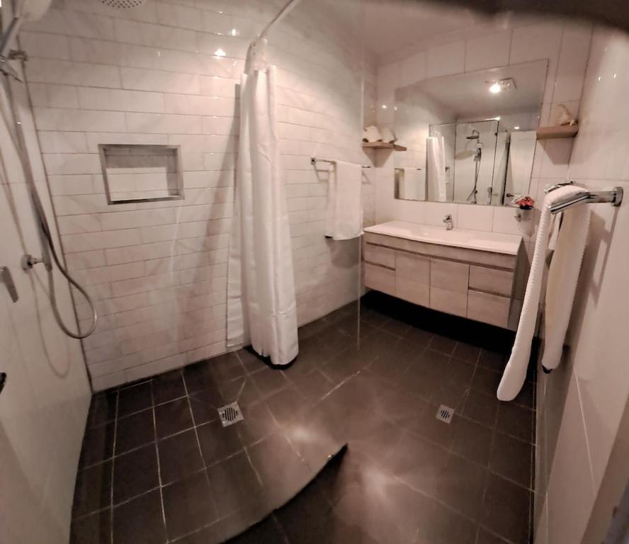 a bathroom with a shower and a sink and a tub at Cummins Cottage in Broken Hill