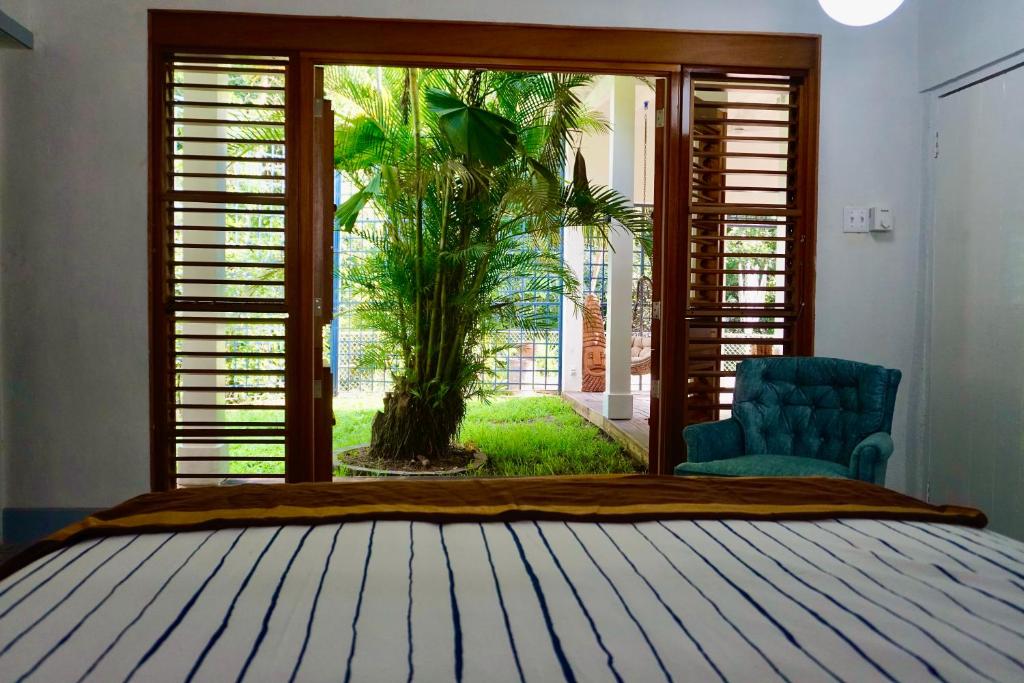 a bedroom with a bed and a window with a palm tree at Gordon Town Kotch in Kingston