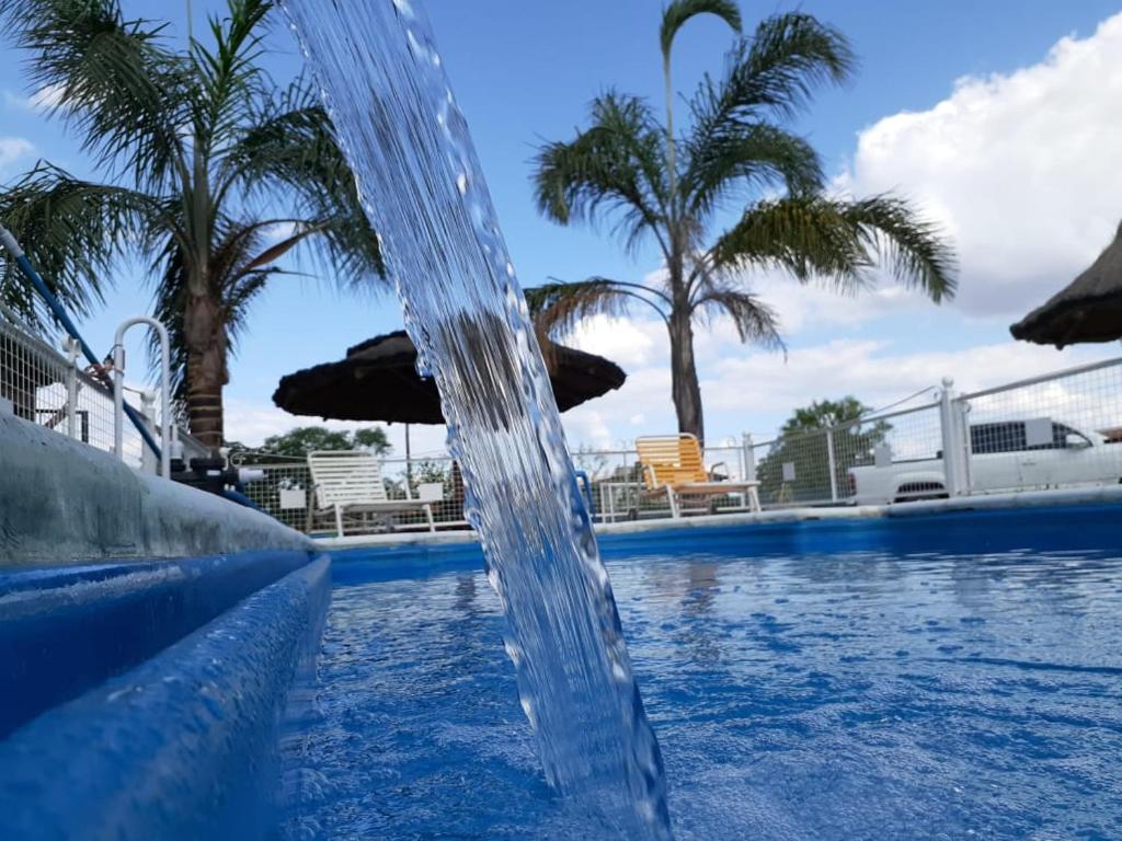 una fuente de agua en una piscina con palmeras en solo turistas en Salta