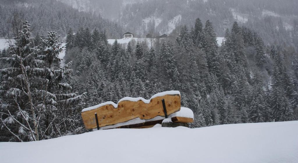 a wooden bench covered in snow in front of trees at Apartments HAUS SCHÖN - Preise inclusive Pitztal Sommer Card in Jerzens