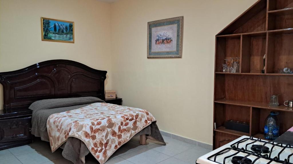 - une chambre avec un lit et une cuisinière dans l'établissement Estudio&Gamas, à Fresnillo de González Echeverría