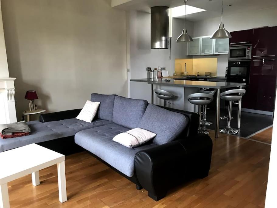 a living room with a blue couch and a kitchen at Appartement 5min à pied du centre-ville Bayonne in Bayonne