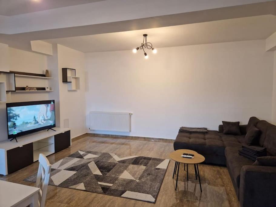 ein Wohnzimmer mit einem Sofa und einem TV in der Unterkunft Danube Double in Brăila