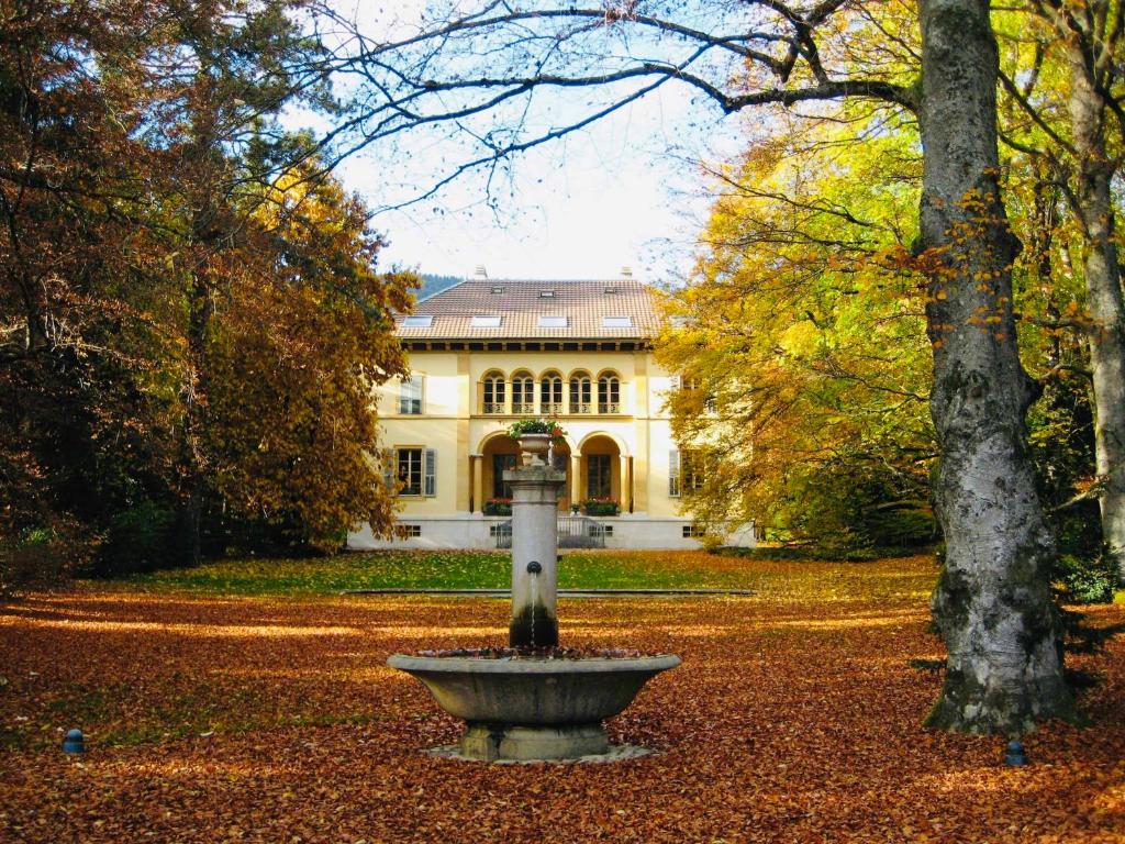 uma fonte em frente a um edifício com árvores em Maison Suchard, tradition & elegance in the Jura em Couvet