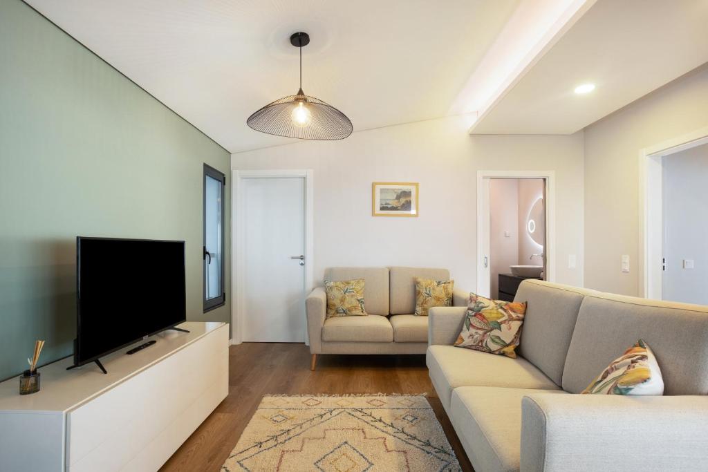 a living room with a couch and a tv at Referta Apartamento T1 in Prazeres