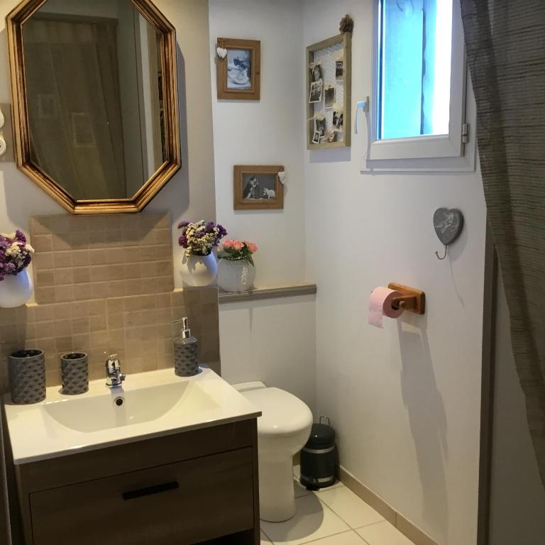 a bathroom with a sink and a toilet and a mirror at Mon rêve in Les Martys
